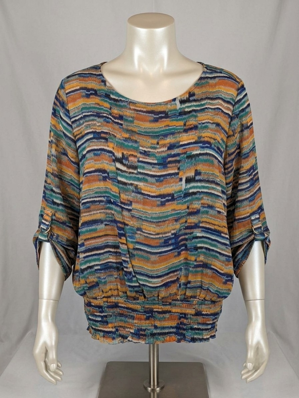 John Paul Richard sheer watercolor striped smocked waist blouse